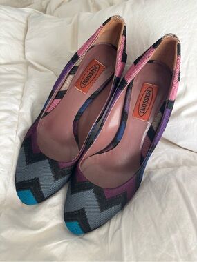 Missoni Multicolor Zigzag Knit Pointed-Toe Heels - Pink Purple Gray Teal